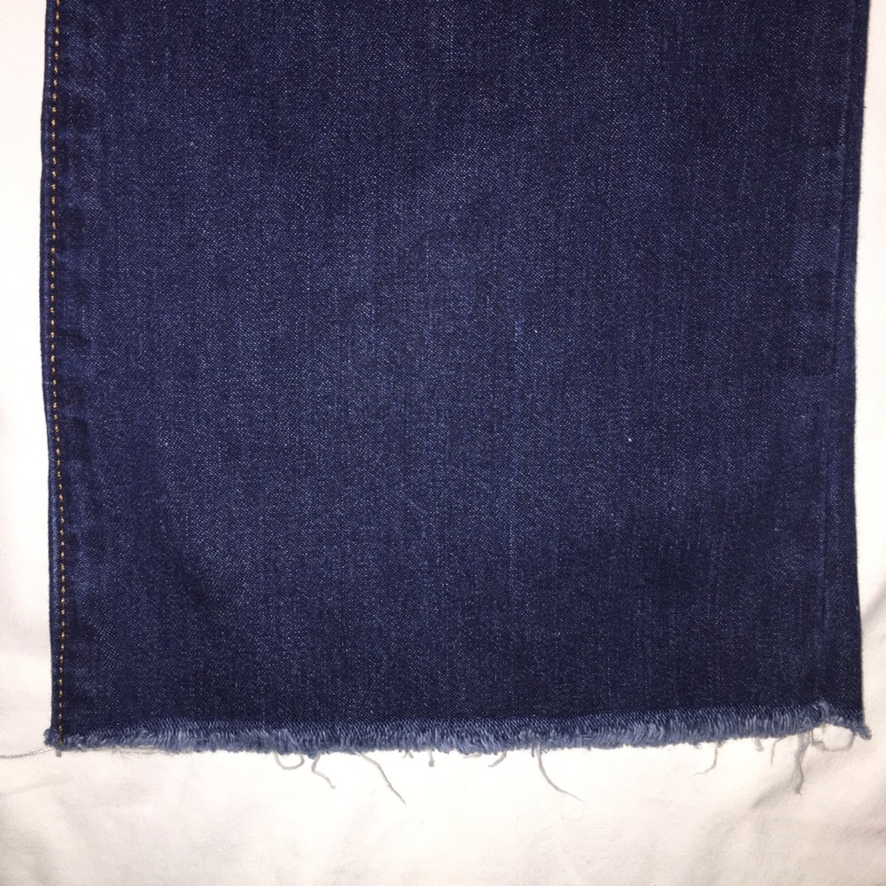 Highrise Flare Jeans, Distressed Denim, Frayed Waist/Hem, Dark Calvin Klein Sz 7 - Picture 5 of 13